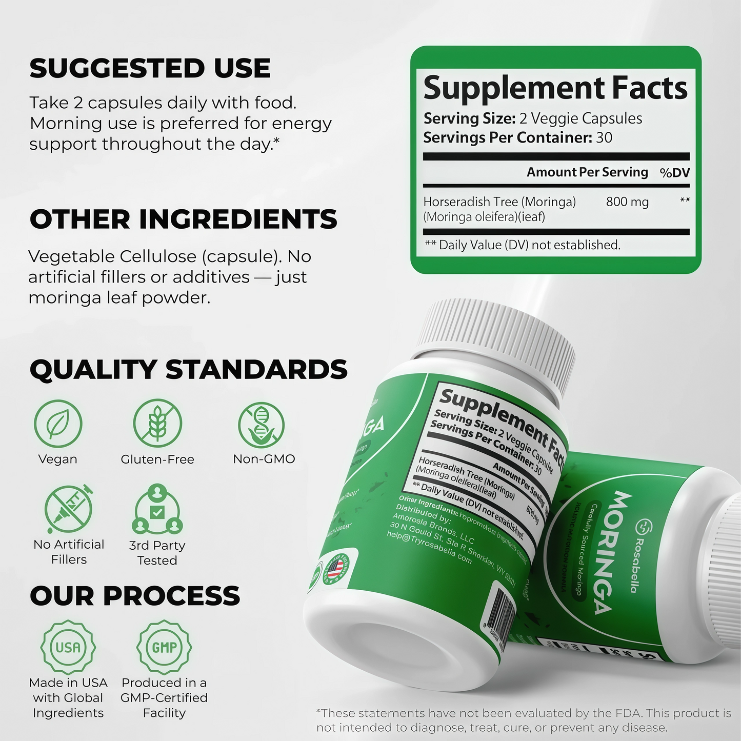 Rosabella Moringa Capsules - Pure Moringa Powder, Energy, Skin, Immune & Gut Health Superfood, Rich in Antioxidants, Essential Vitamins & Amino Acids, Natural Green Superfood Supplement - 60 Count